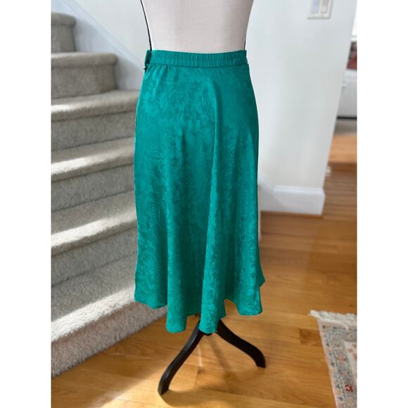 Vintage 90s Turquoise Green Floral Silk A-Line Midi Skirt Western Romantic Boho - Picture 3 of 8
